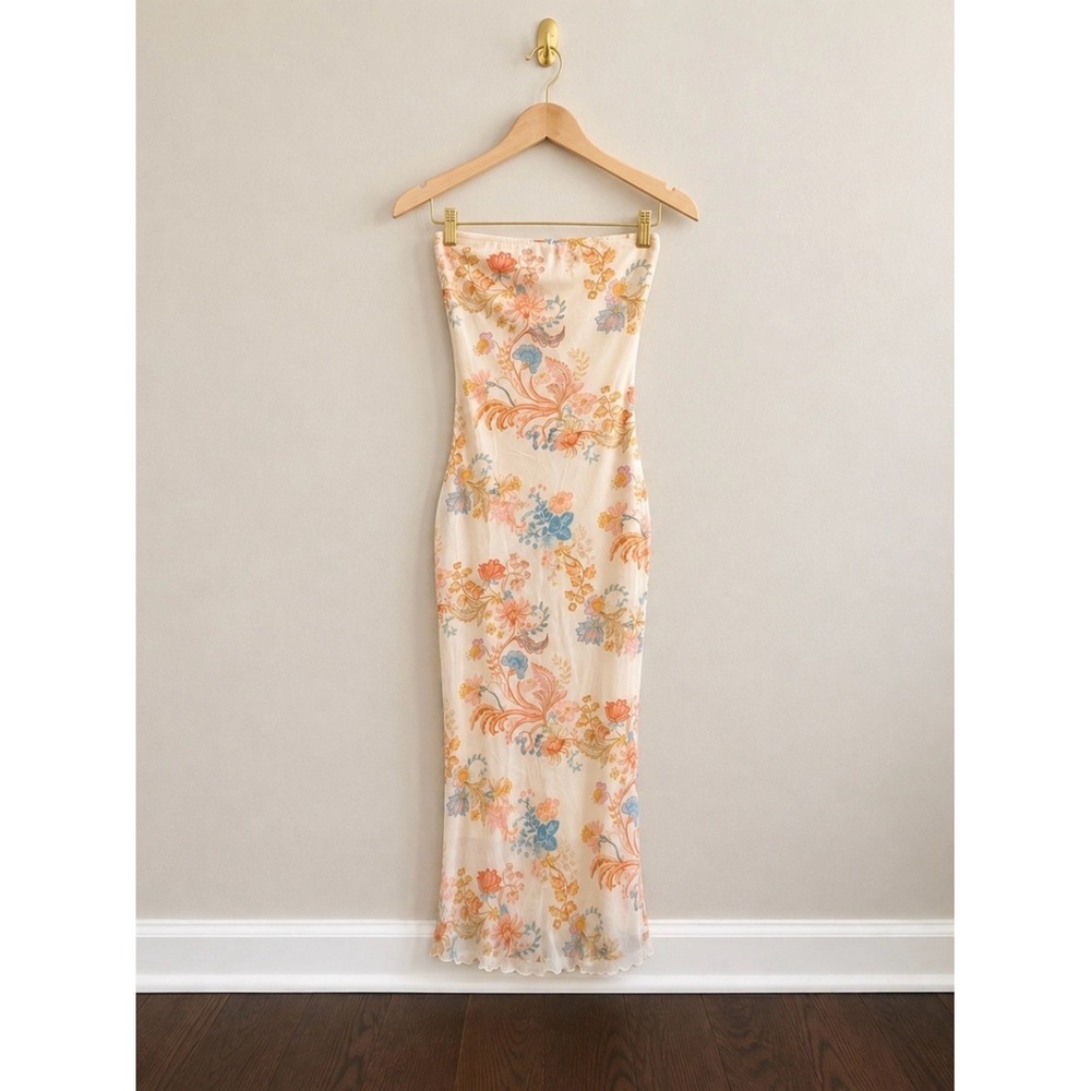 See You Monday Floral Mesh Strapless Maxi Dress Cream Multi Y2K Fairycore XS